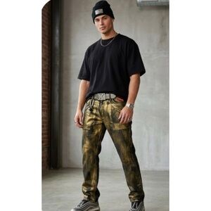 New Rare Rapper TI Akoo Y2K Gold Metallic and Black HipHop Streetwear Jeans 38